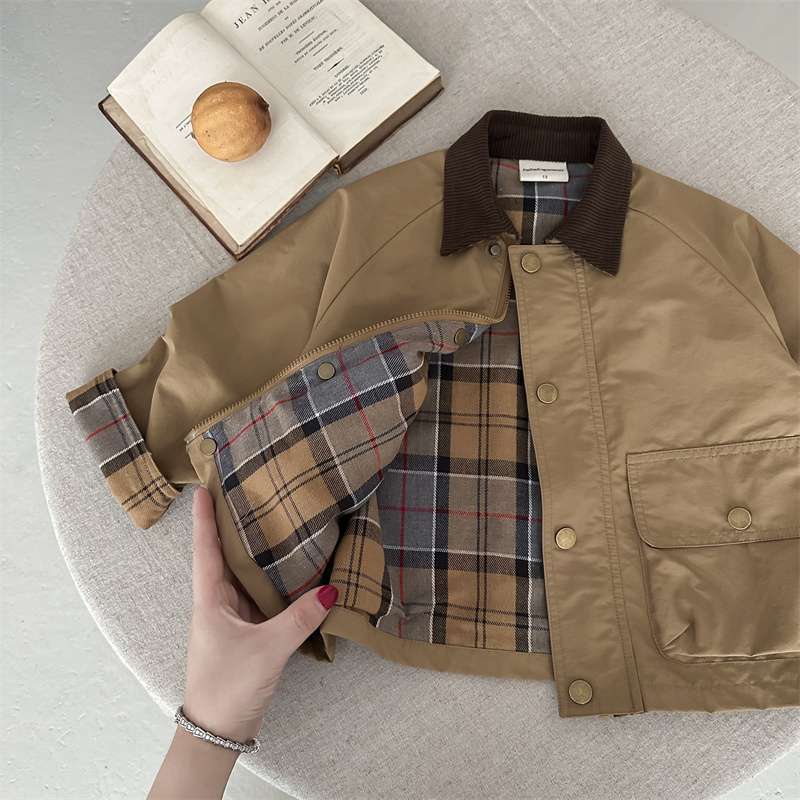 Beige plaid patchwork jacket with brown collar and button front