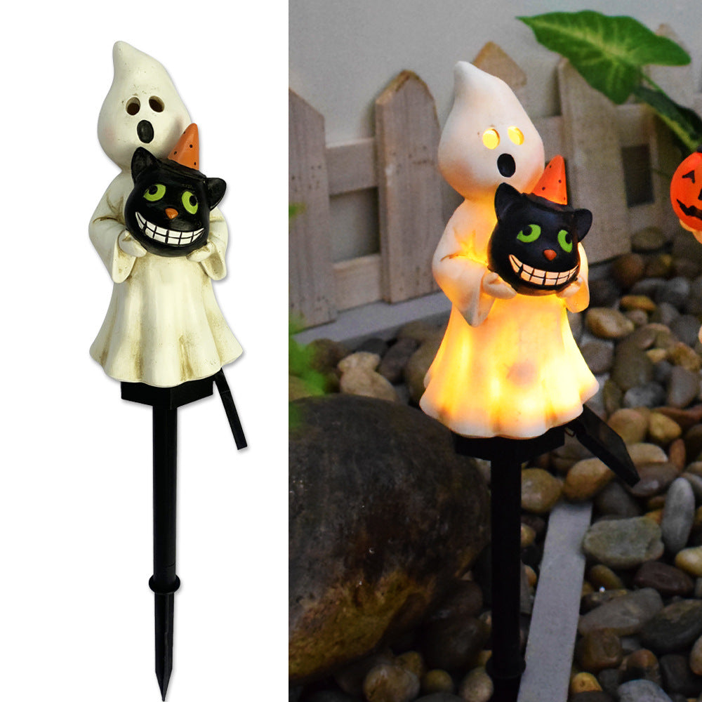 Solar Halloween ghost cat pumpkin lantern stake light with white ghost and glowing jack-o’-lantern