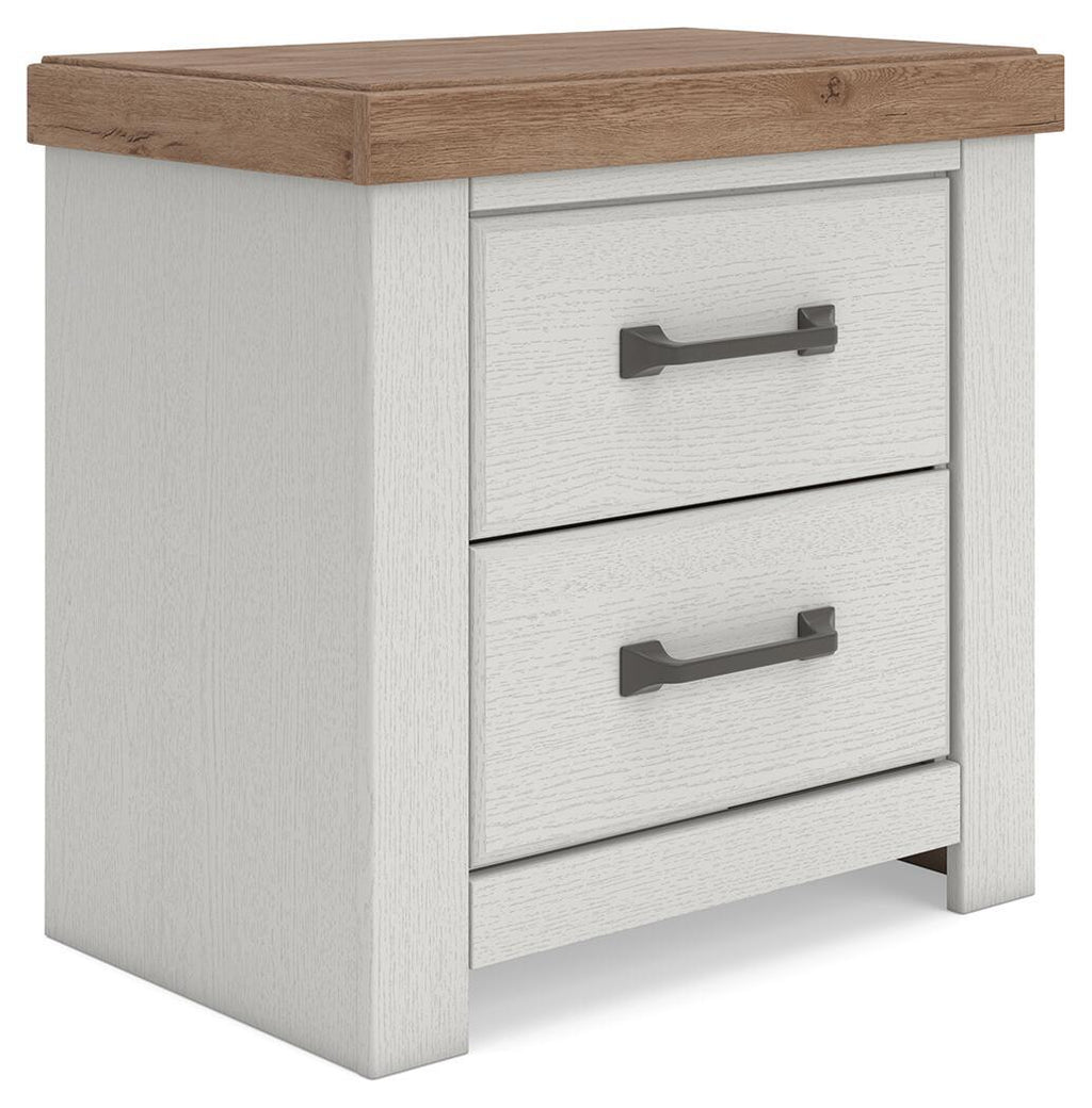 Two-drawer nightstand with white body, brown top, and two front drawers with metal bar pulls