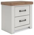 Two-drawer nightstand with white body, brown top, and two front drawers with metal bar pulls