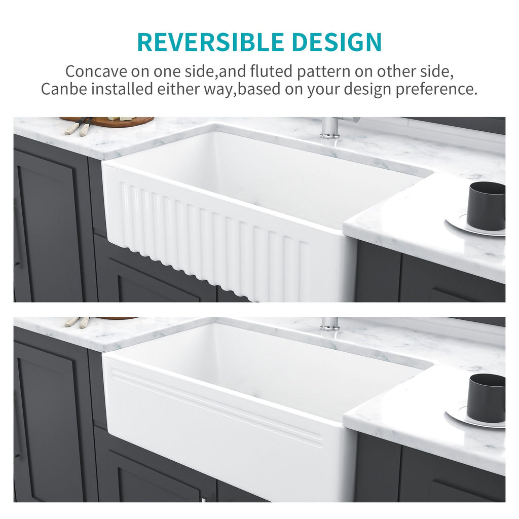Reversible apron-front ceramic sink with fluted side panels and concave basin