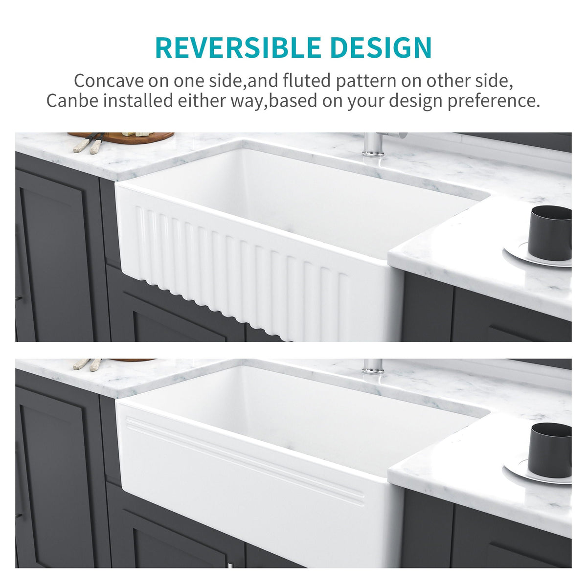 Reversible apron-front ceramic sink with fluted side panels and concave basin