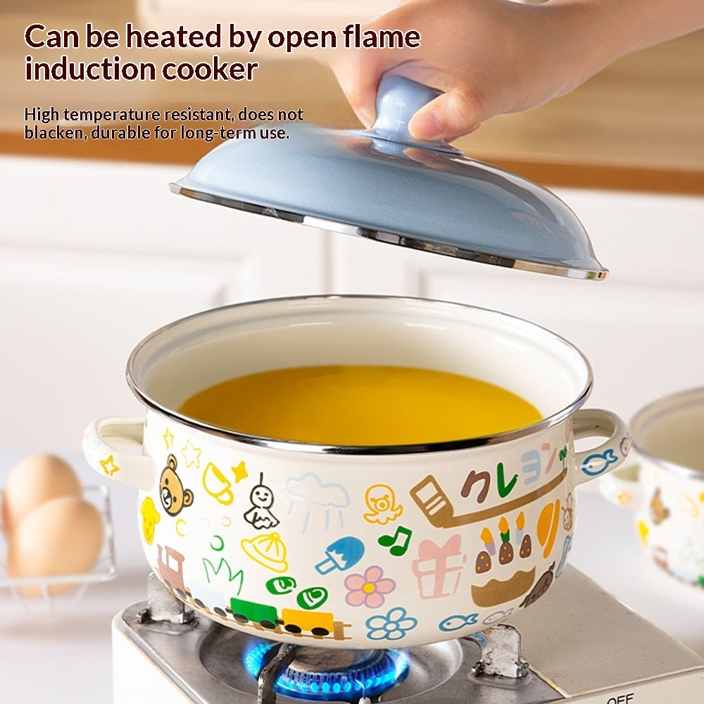 Yellow enameled noodle bowl with two handles, shown heating on a stove.