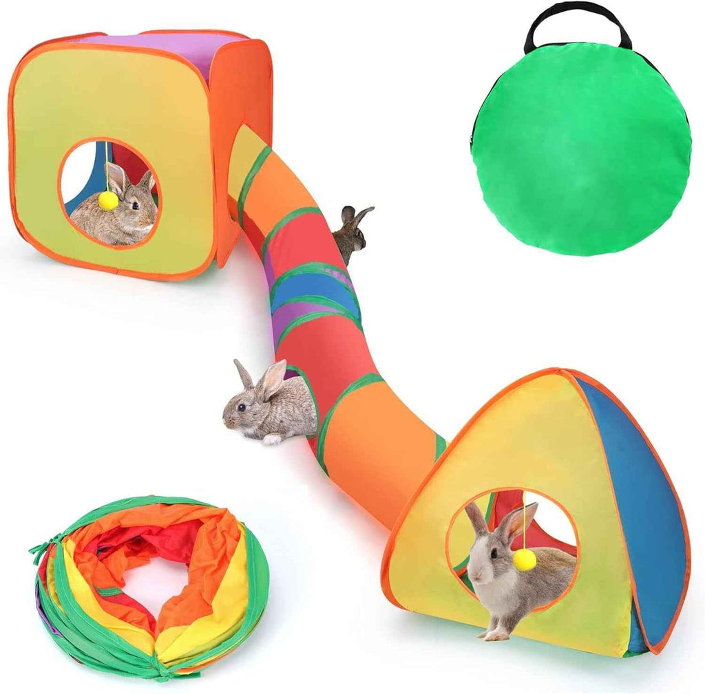 Rainbow rabbit play set with a cube, tent, connecting tunnel, and carrying case