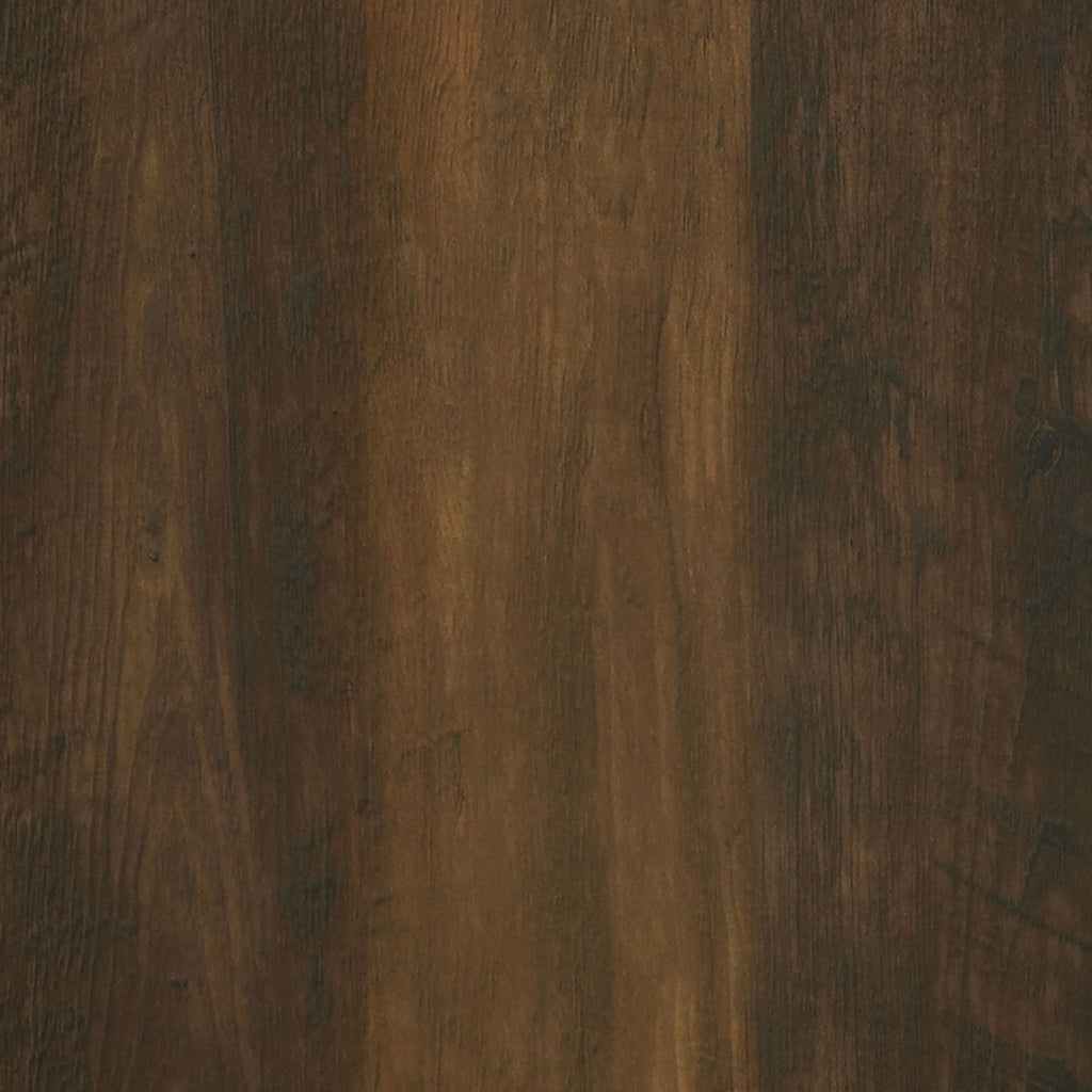 Close-up of dark pine engineered wood tabletop with visible grain and stain finish