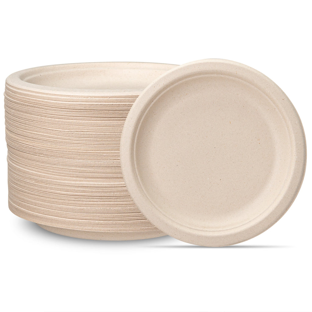 Stack of 7-inch unbleached paper disposable plates, with one plate resting on top