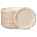 Stack of 7-inch unbleached paper disposable plates, with one plate resting on top
