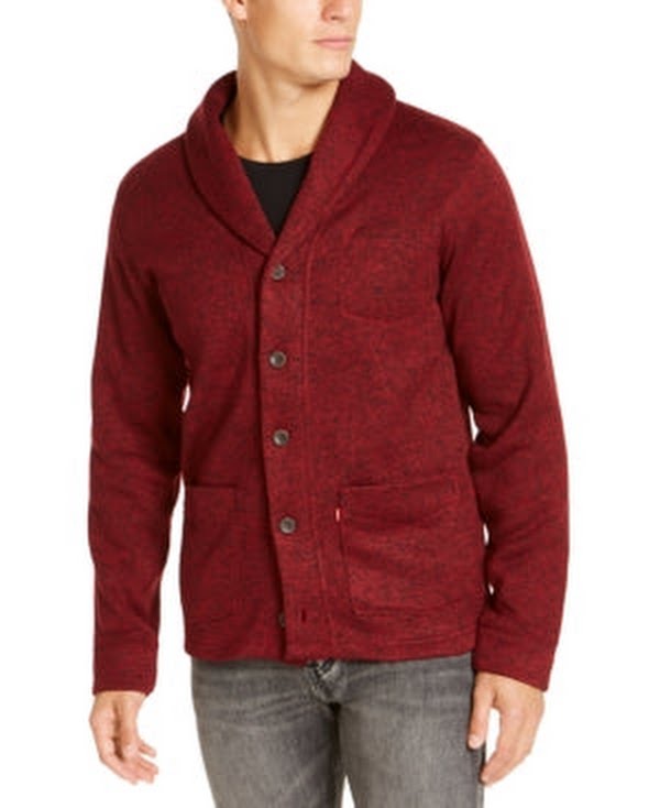Men's shawl-collar sweater in maroon knit with button front and pocket