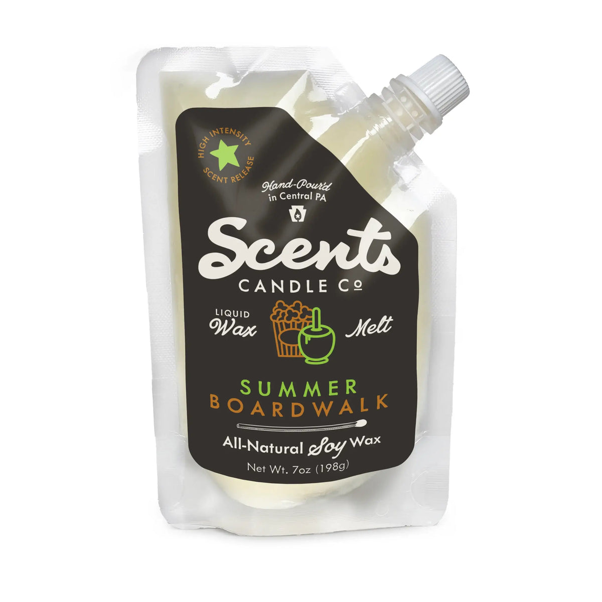 Liquid wax melt pouch with pouring spout, pale cream wax, Summer Boardwalk.