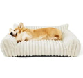 Large orthopedic dog bed with white ribbed bolsters and raised cushioned rim