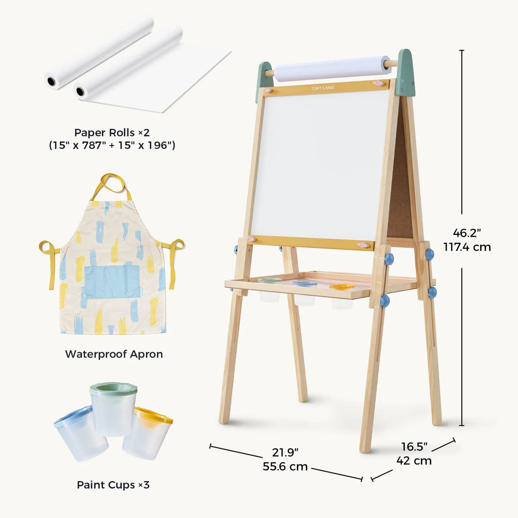 Kids art easel bundle with paper rolls, waterproof apron, and paint cups