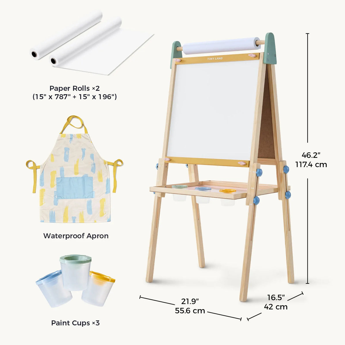 Kids art easel bundle with paper rolls, waterproof apron, and paint cups