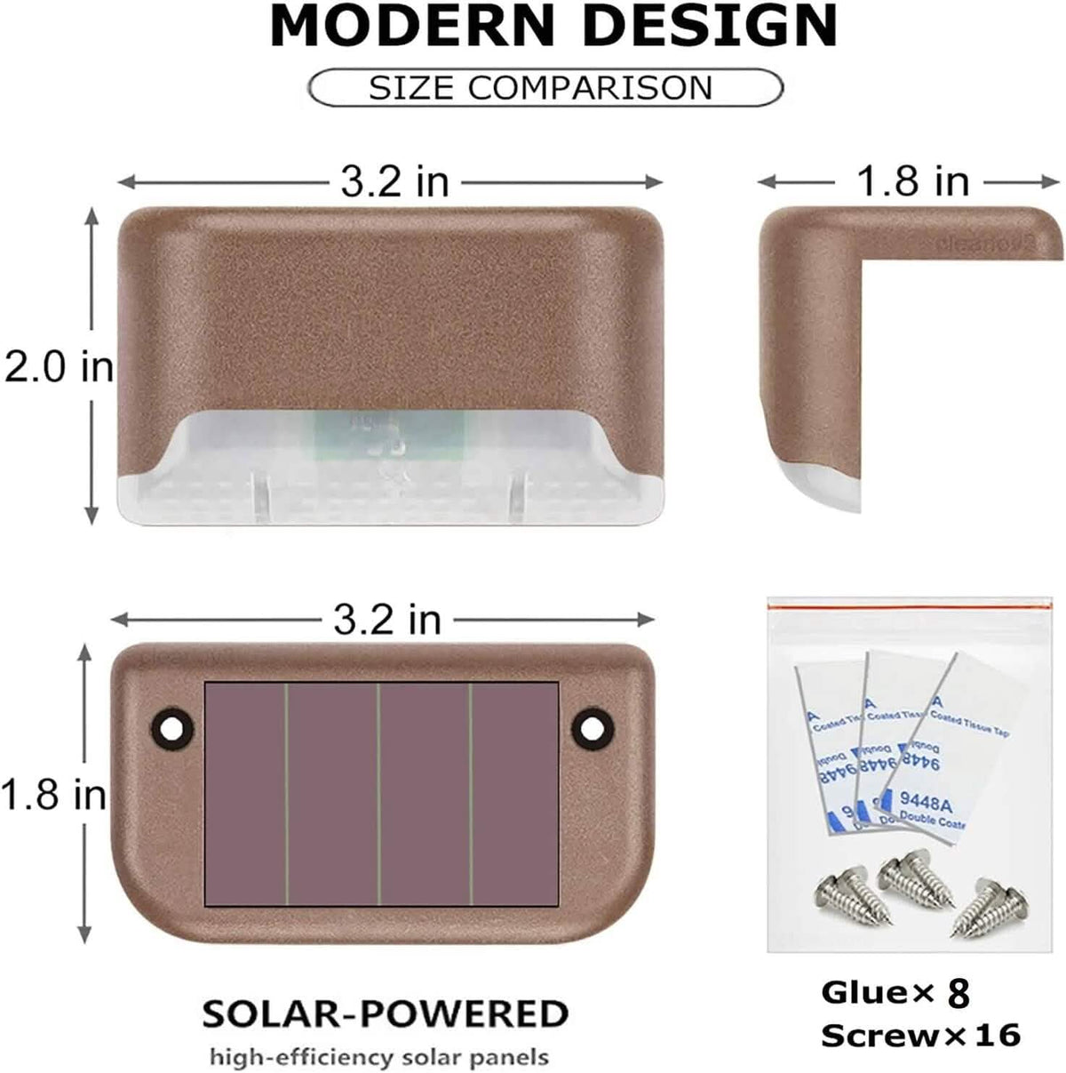 Solar LED deck light size diagram with solar panel and mounting holes