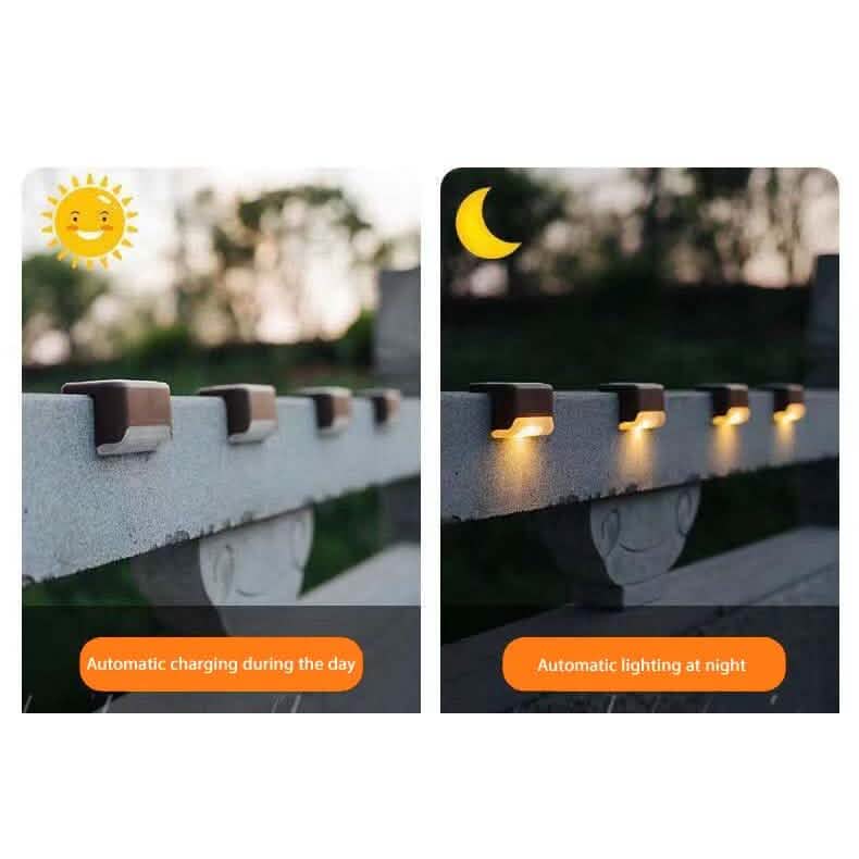 Solar LED step lights on outdoor wall at dusk and night, warm glow