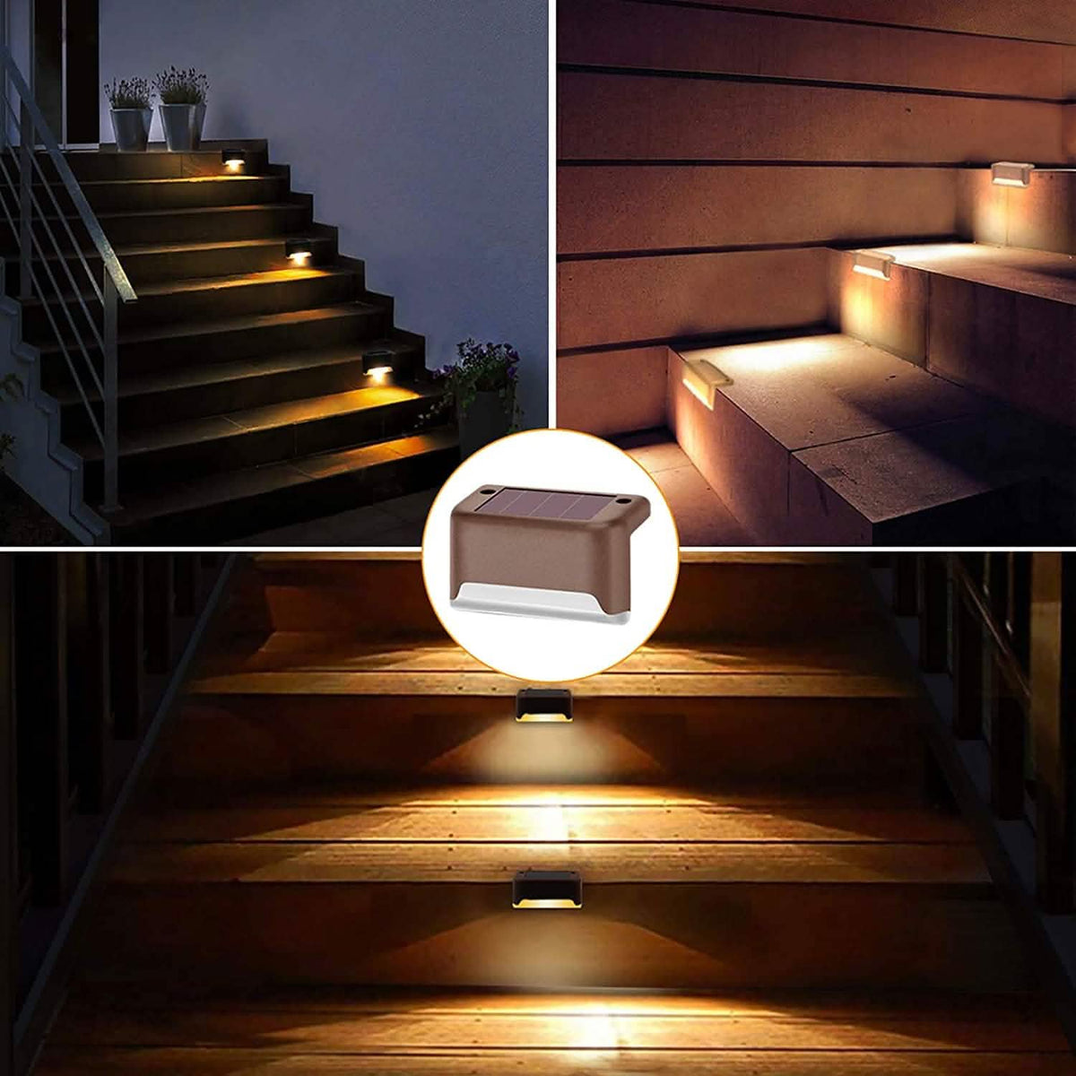 Solar LED step lights with warm glow on outdoor staircase steps