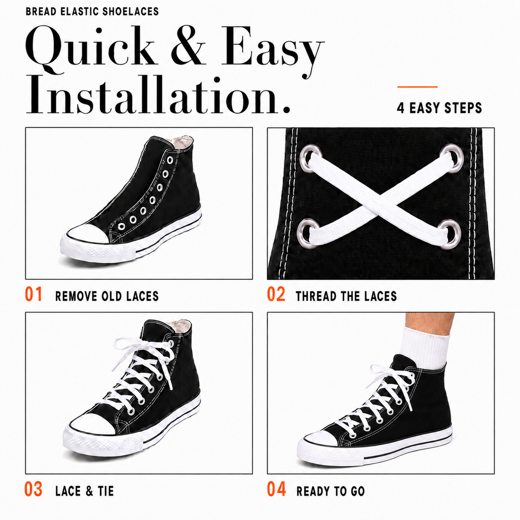 Elastic shoelaces installation steps shown on a black high-top shoe