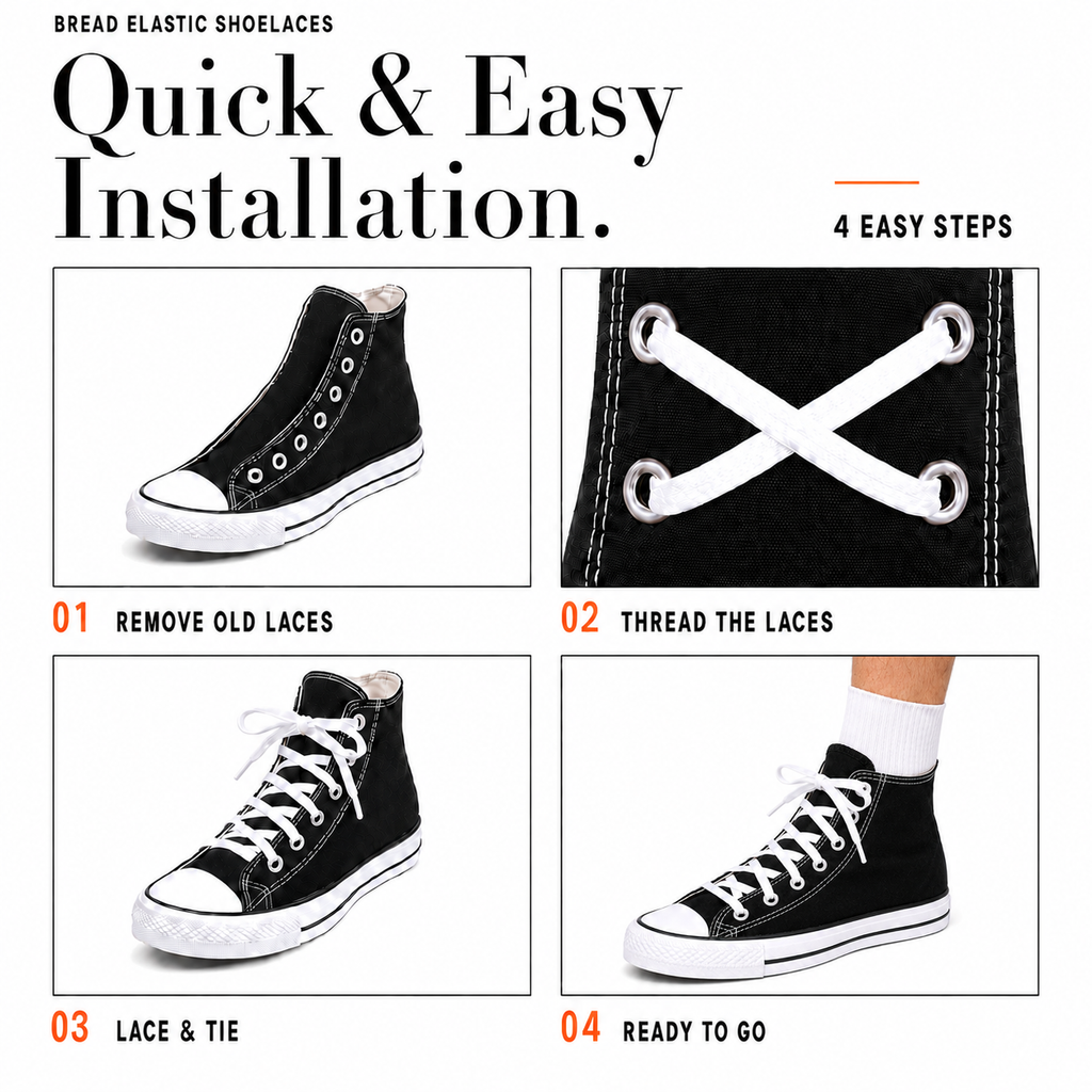 Elastic shoelaces threaded through eyelets on a black sneaker for quick installation
