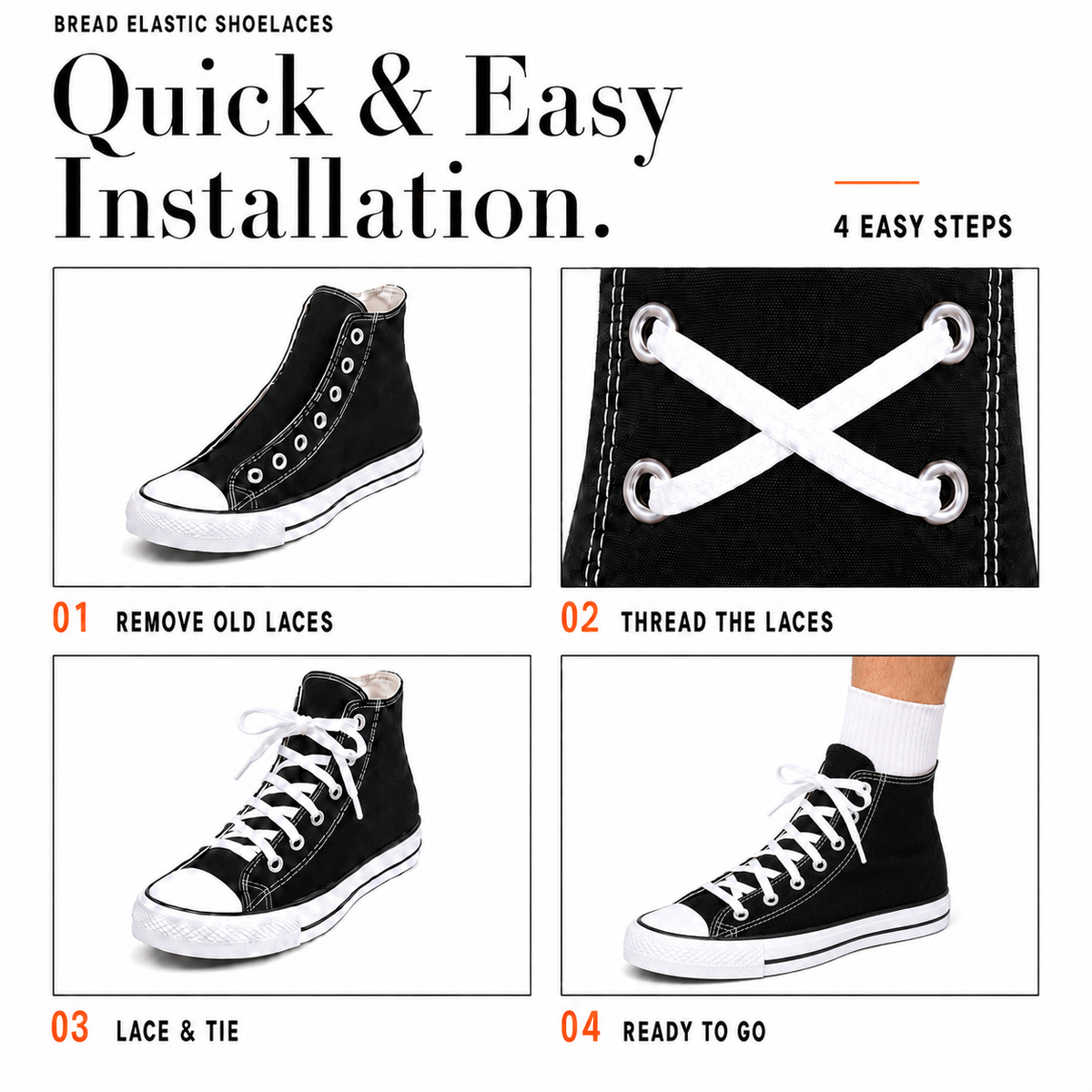Elastic shoelaces threaded through eyelets on a black sneaker for quick installation