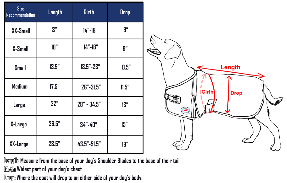 Dog winter coat size chart with length, girth, and drop measurements