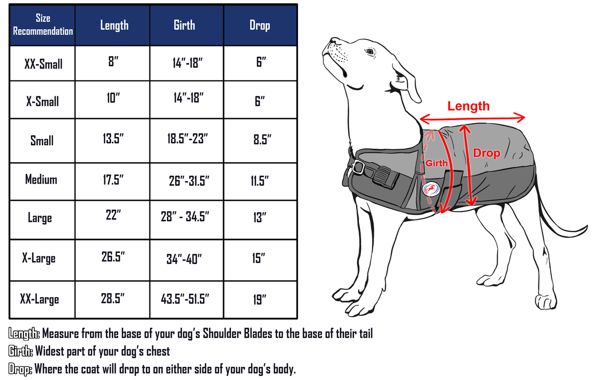 Dog coat size chart diagram with length and drop measurements on a dog outline