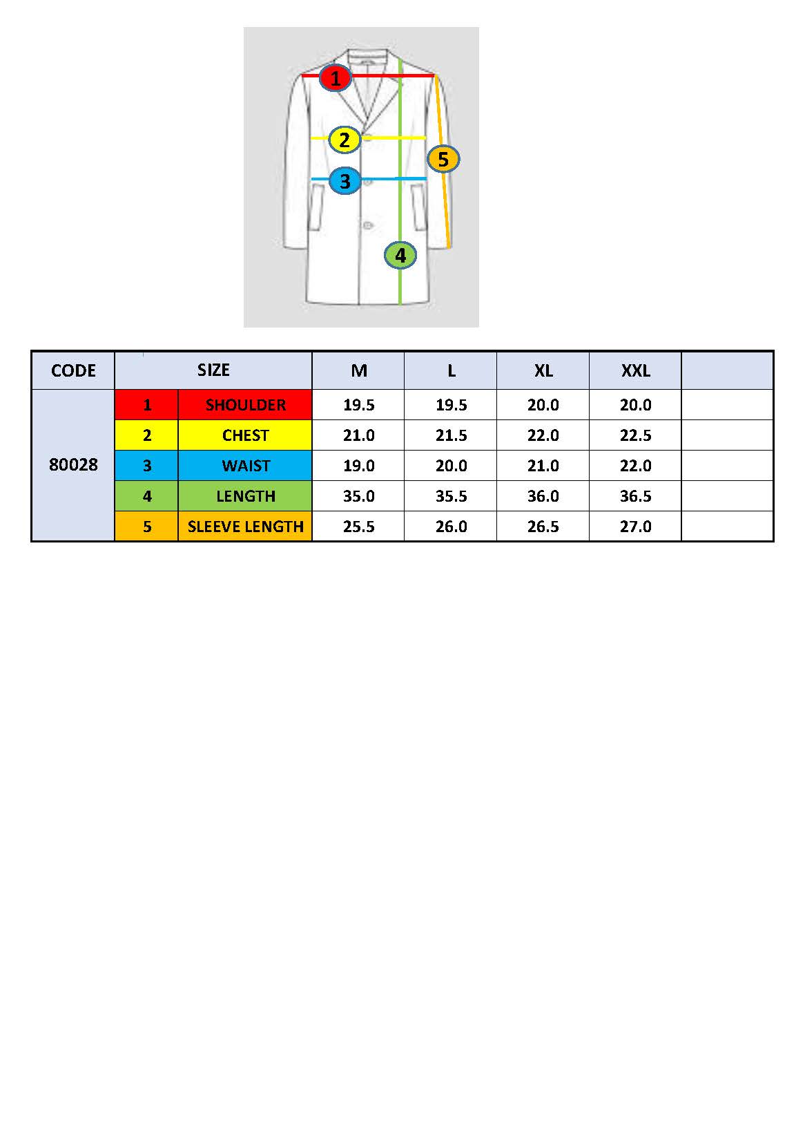 Overcoat size chart with body measurements and sleeve length by size (M–XXL).
