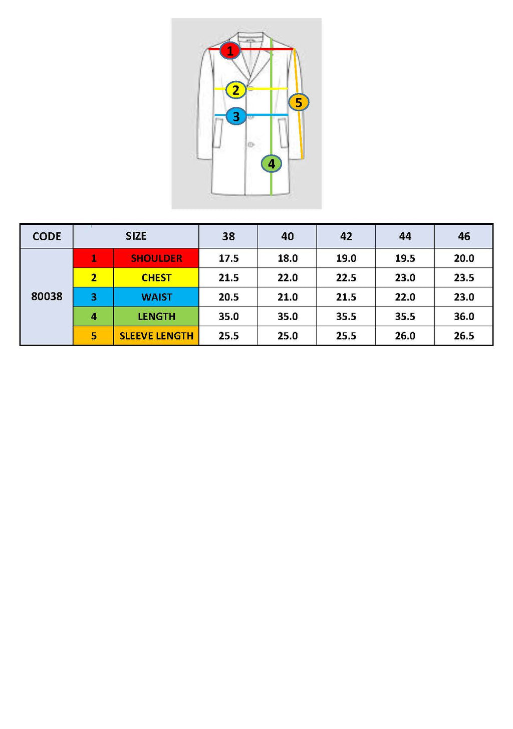 Overcoat size chart diagram with code, size, shoulder, chest, length, sleeve.