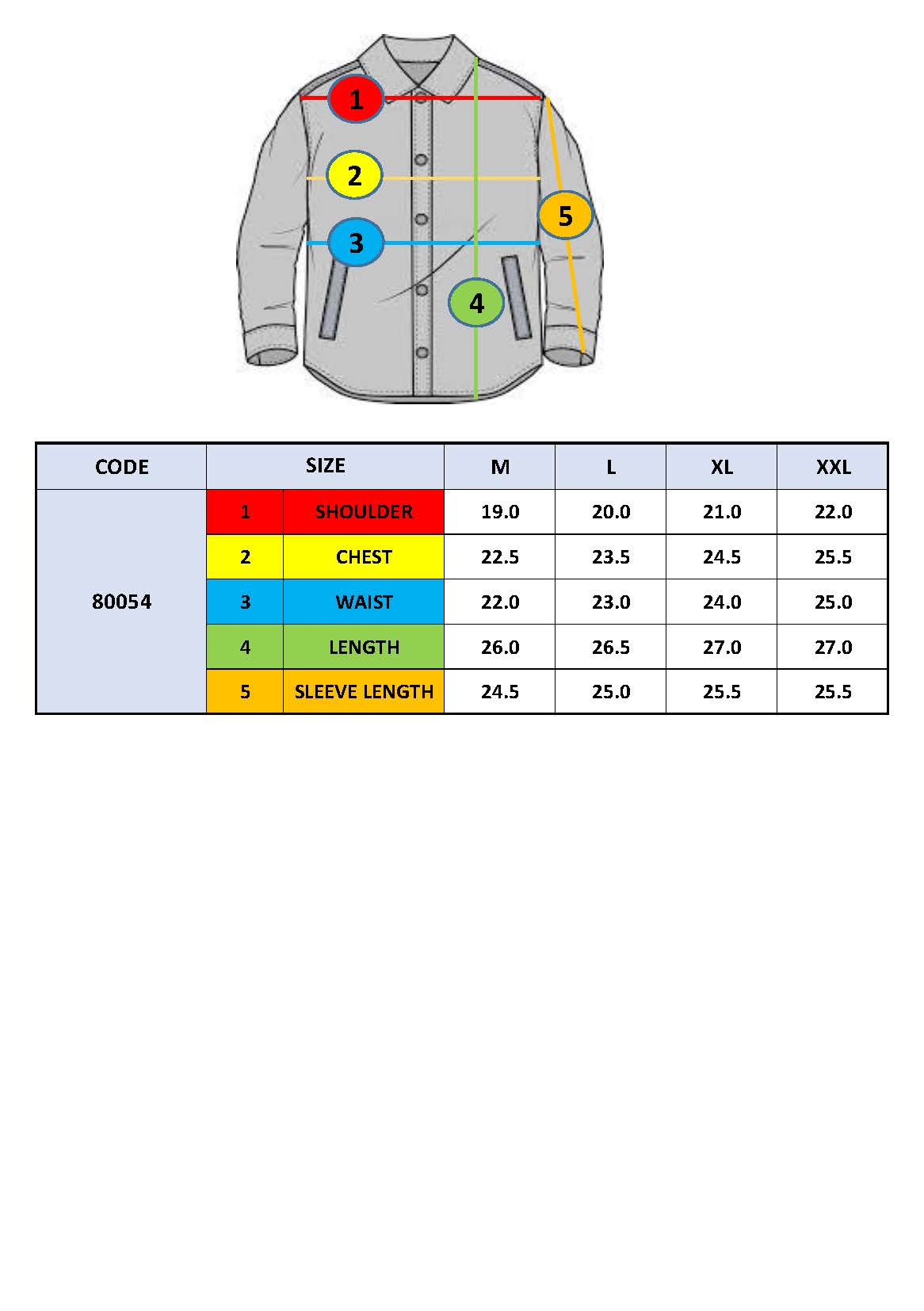 Jacket size chart diagram with shoulder, chest, waist, length, and sleeve measurements