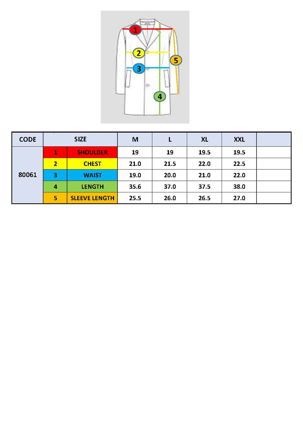 Overcoat size chart showing shoulder, chest, waist, length, and sleeve length.
