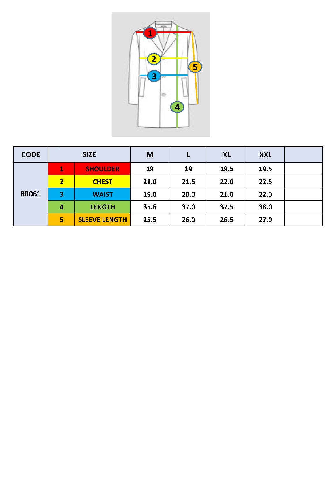 Overcoat size chart showing shoulder, chest, waist, length, and sleeve length.