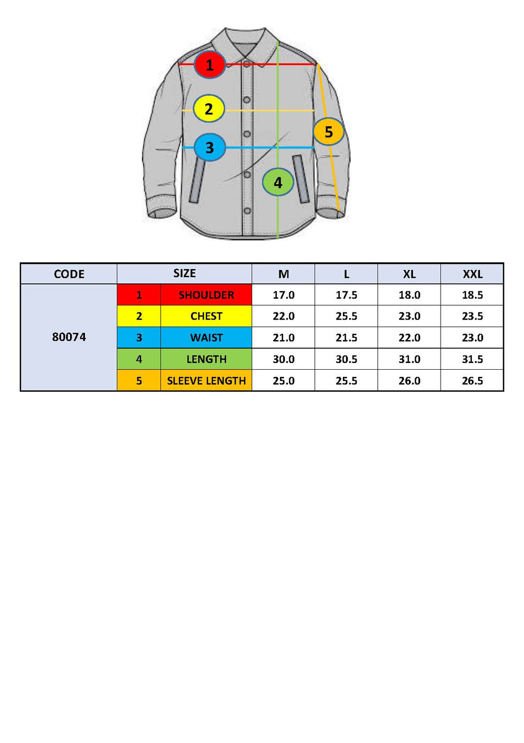 Bomber jacket size chart diagram with measurements for sizes M to XXL