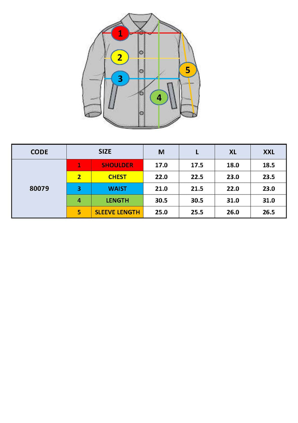 Bomber jacket size chart diagram with shoulder, chest, waist, length, sleeve measurements