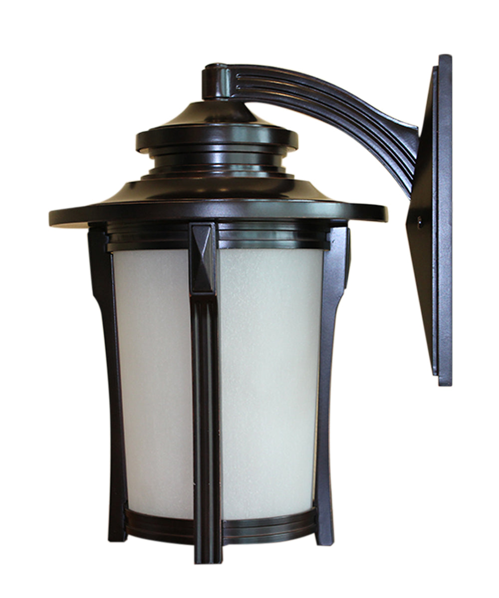 Outdoor wall lantern with dark bronze canopy, frosted glass panels, and curved arm