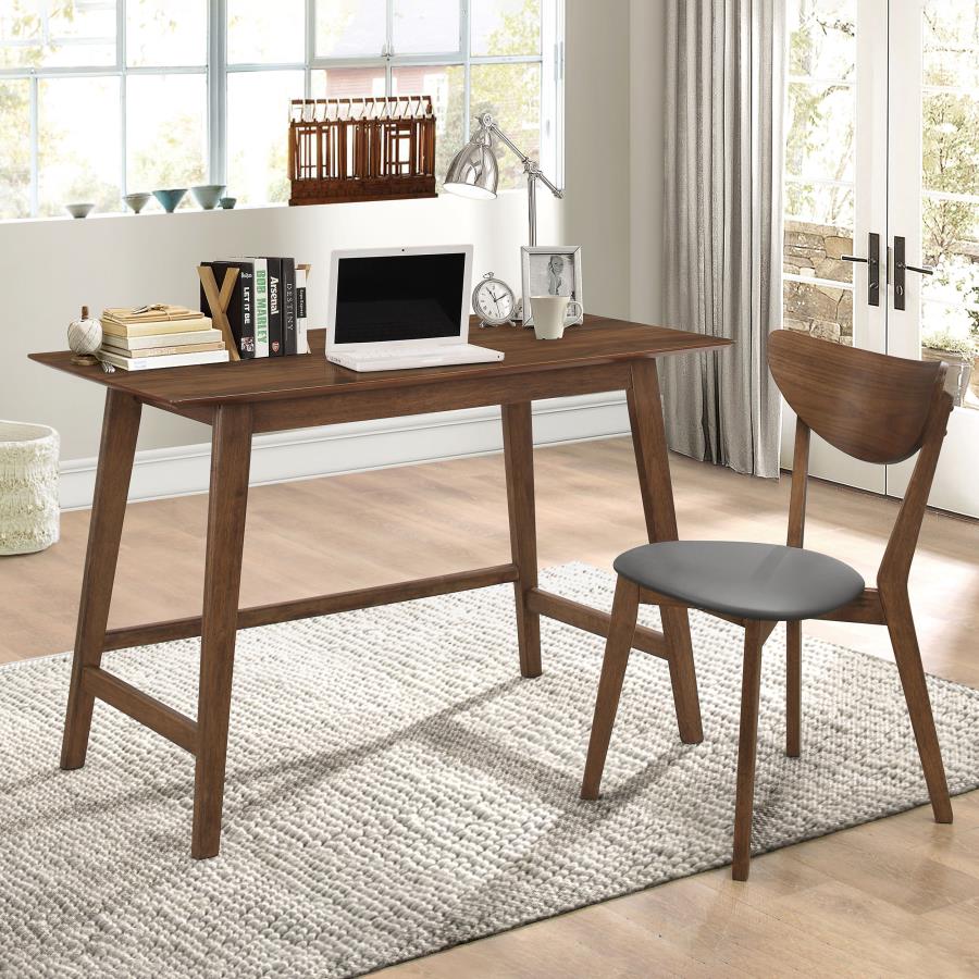 Walnut office desk with gray upholstered chair, rectangular tabletop and angled legs