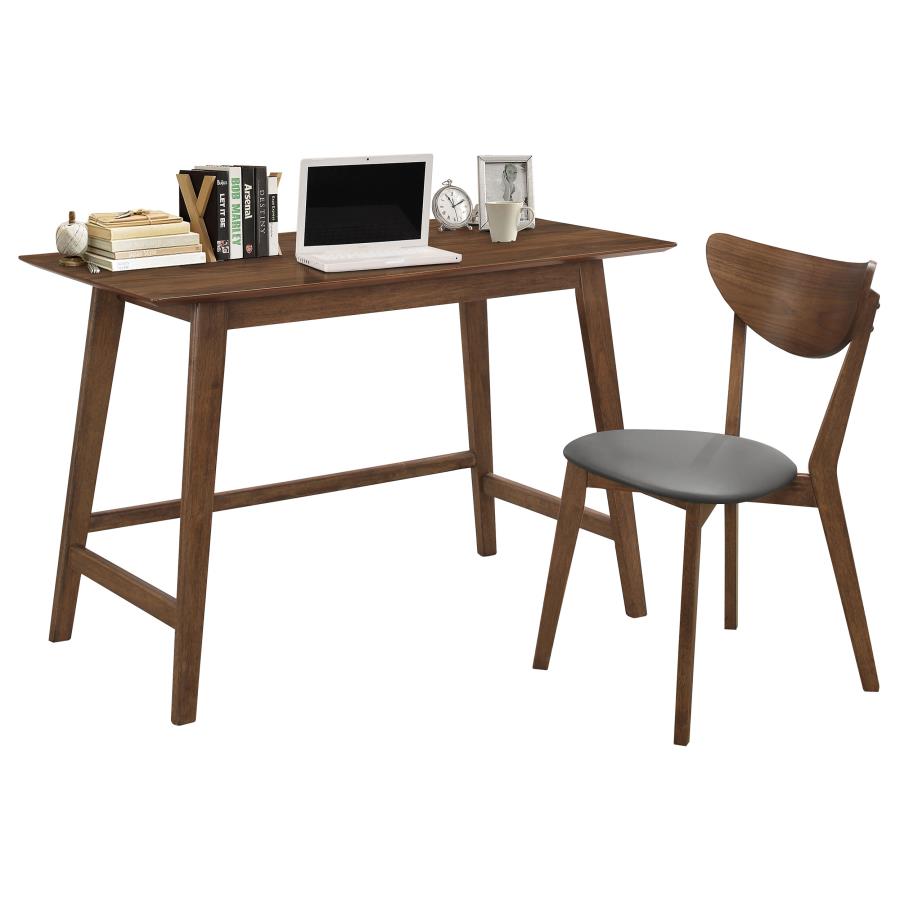 Walnut office desk with matching chair, gray seat and curved backrest