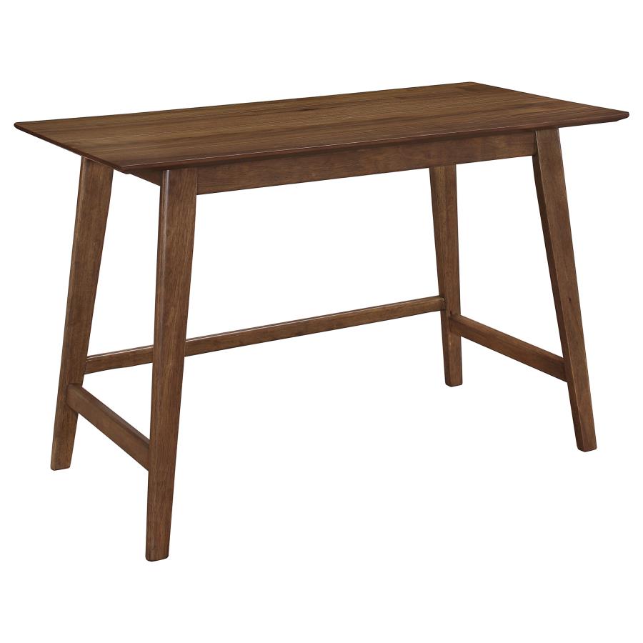 Walnut rectangular office desk with four angled legs and sturdy cross support