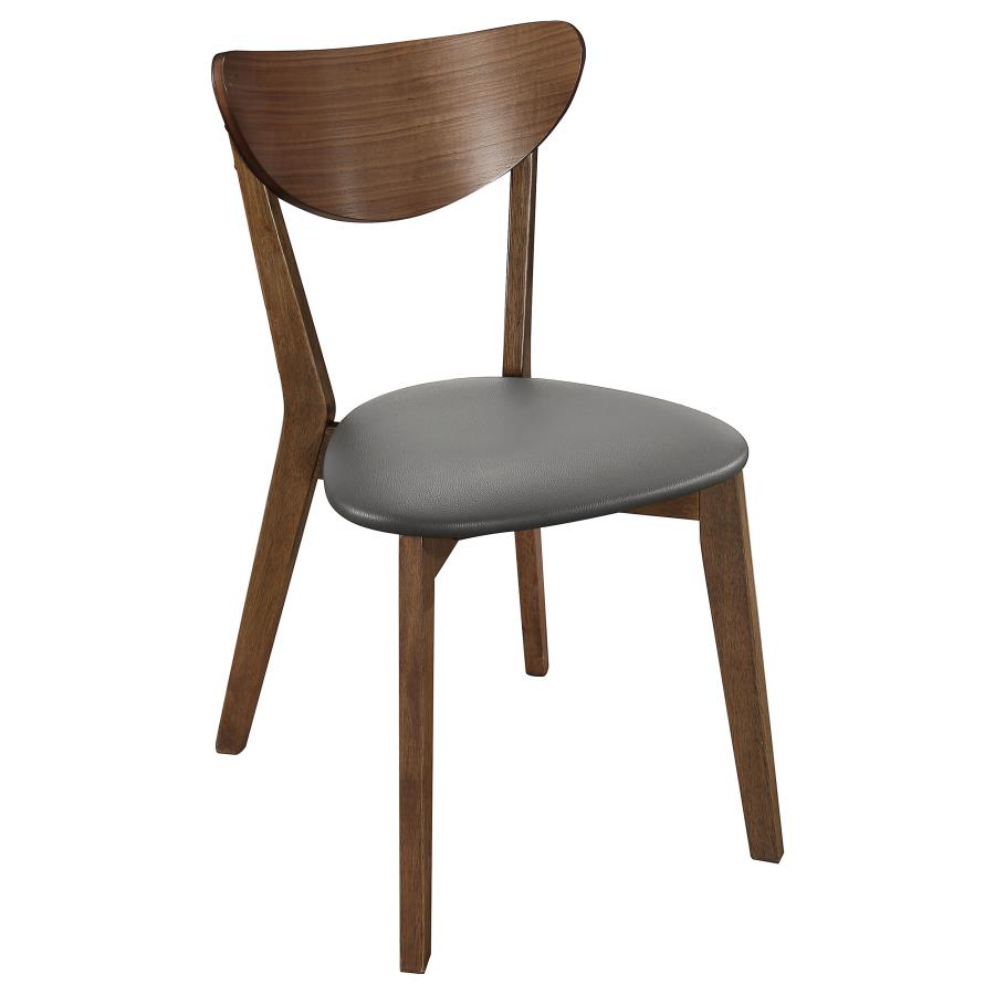 Walnut dining-style chair with gray upholstered seat and curved backrest