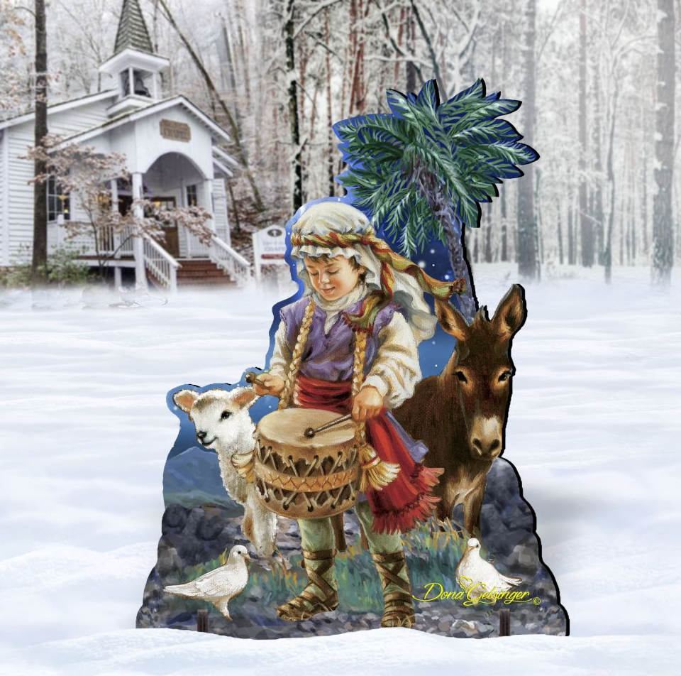 Little drummer boy nativity outdoor decor with cow, donkey, drum and blue palm tree