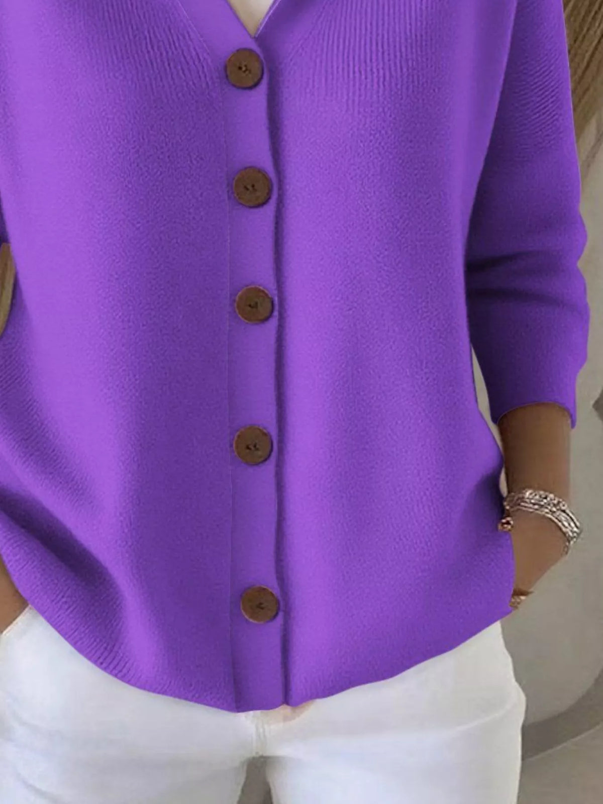 Purple hooded button-front soft knit cardigan with ribbed texture and long sleeves