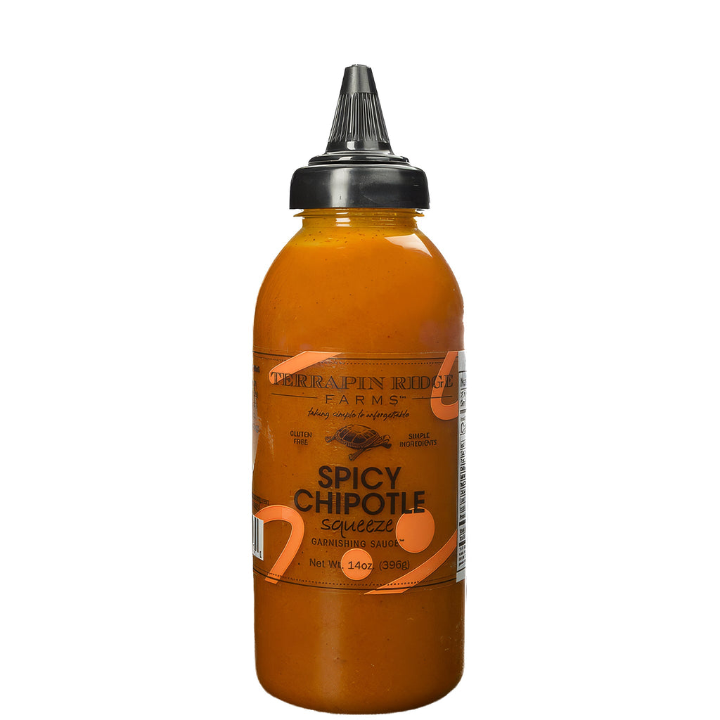 Spicy chipotle squeeze bottle with amber sauce and black cap, 14 oz