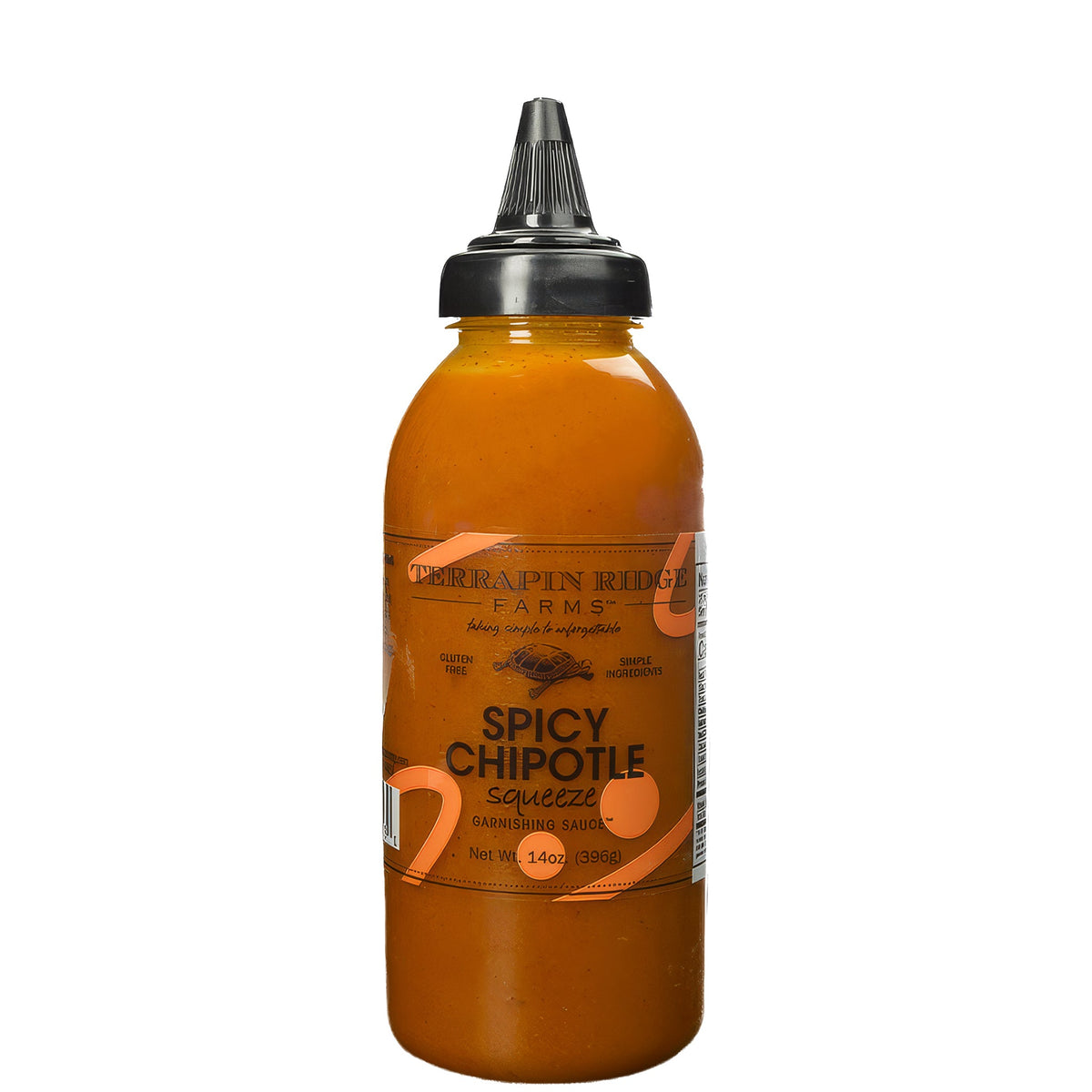 Spicy chipotle squeeze bottle with amber sauce and black cap, 14 oz