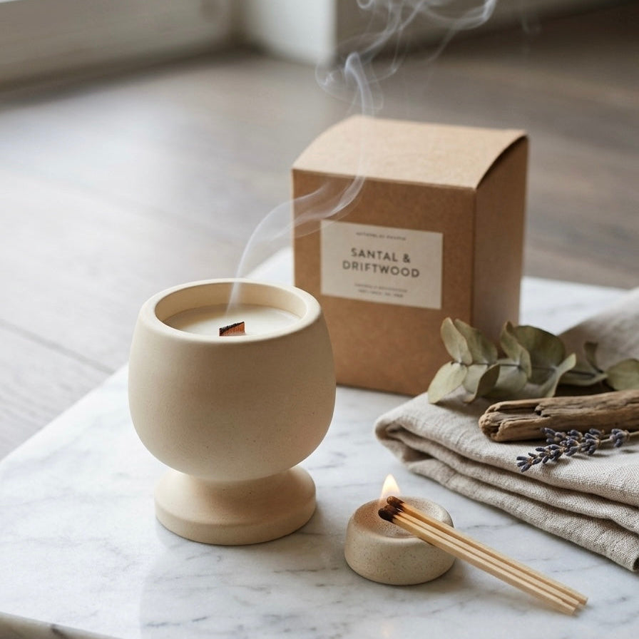 Beige jesmonite pedestal candle with small flame in matte cup