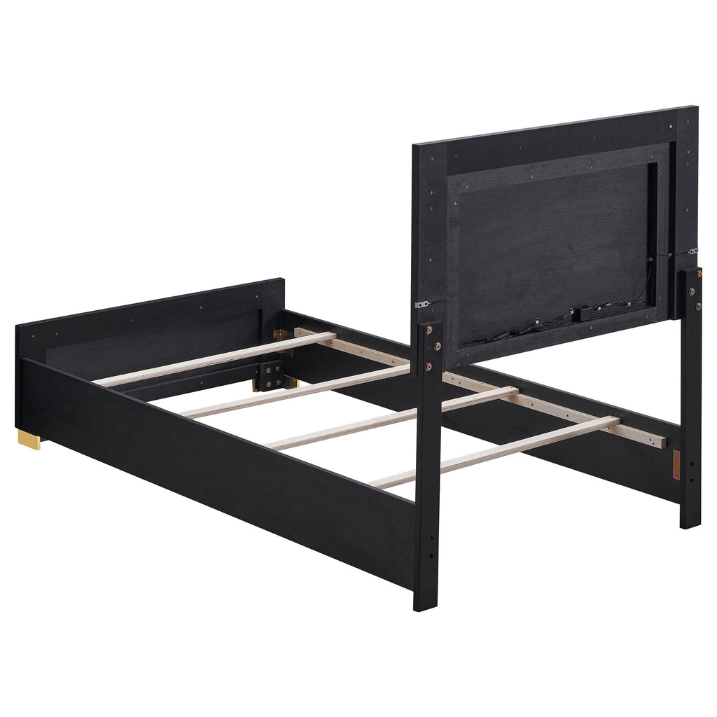 Black twin bed frame with slatted support and upholstered headboard and footboard