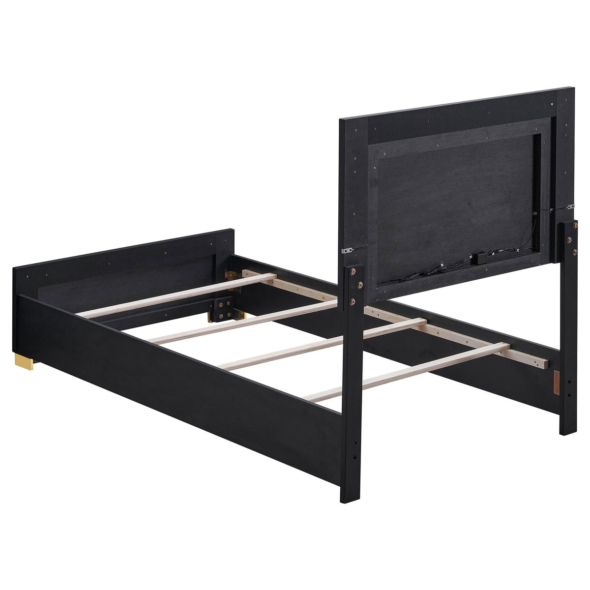 Black twin bed frame with slatted support and upholstered headboard and footboard
