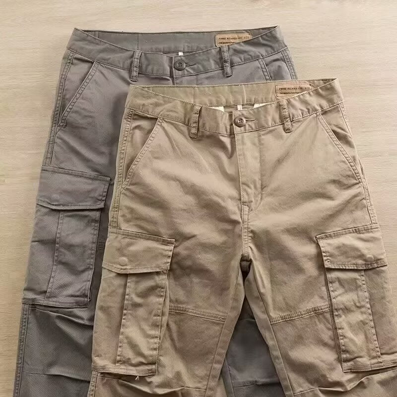 Men's cargo work pants: khaki front and gray back, straight-leg with flap cargo pockets