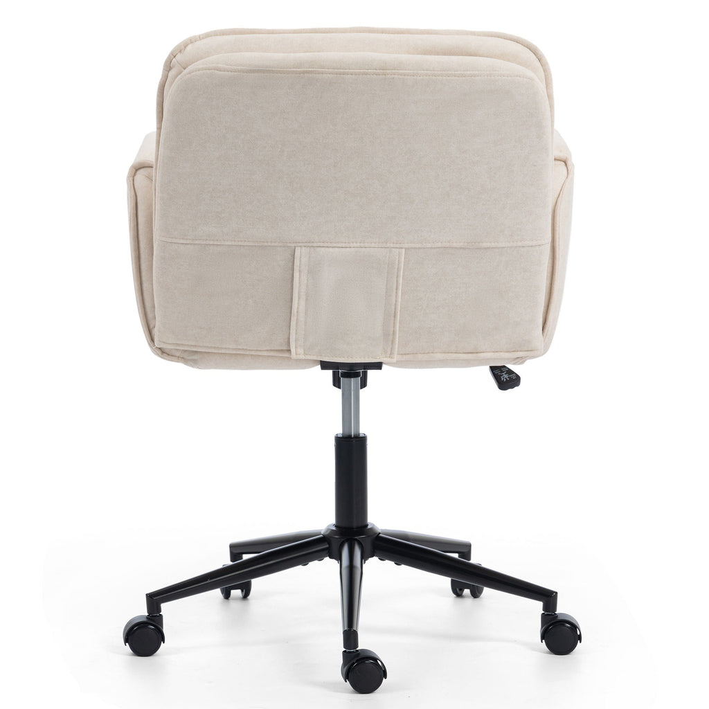Light beige swivel desk chair with adjustable armrests, fabric back, and wheeled base