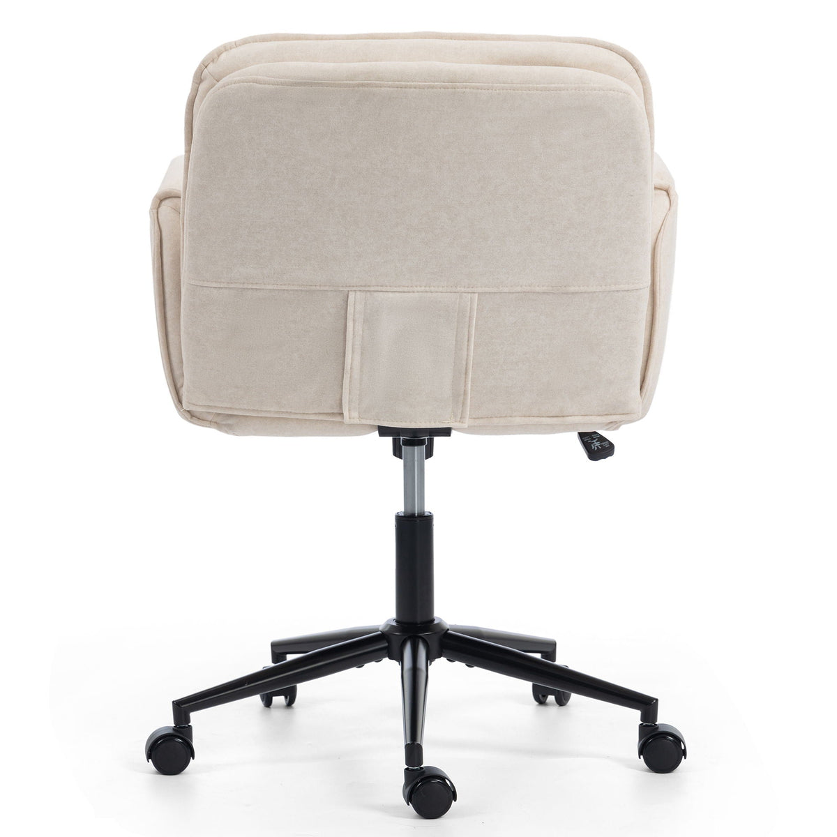 Light beige swivel desk chair with adjustable armrests, fabric back, and wheeled base
