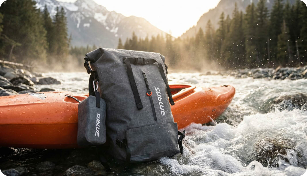 Gray waterproof 30L roll-top backpack on a kayak, secured with side straps