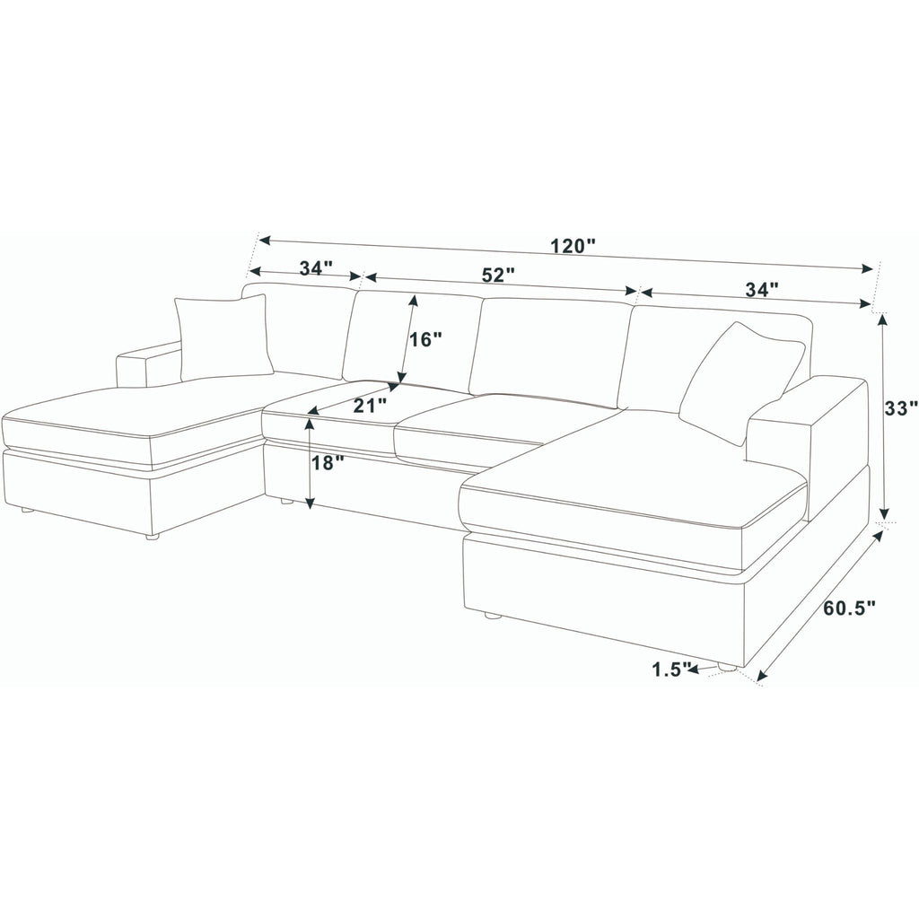 3-piece sectional sofa with double chaises, dimension diagram
