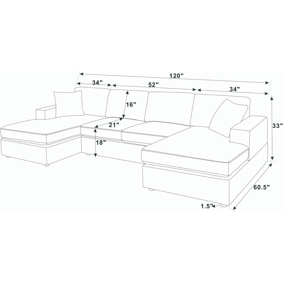 3-piece sectional sofa with double chaises, dimension diagram