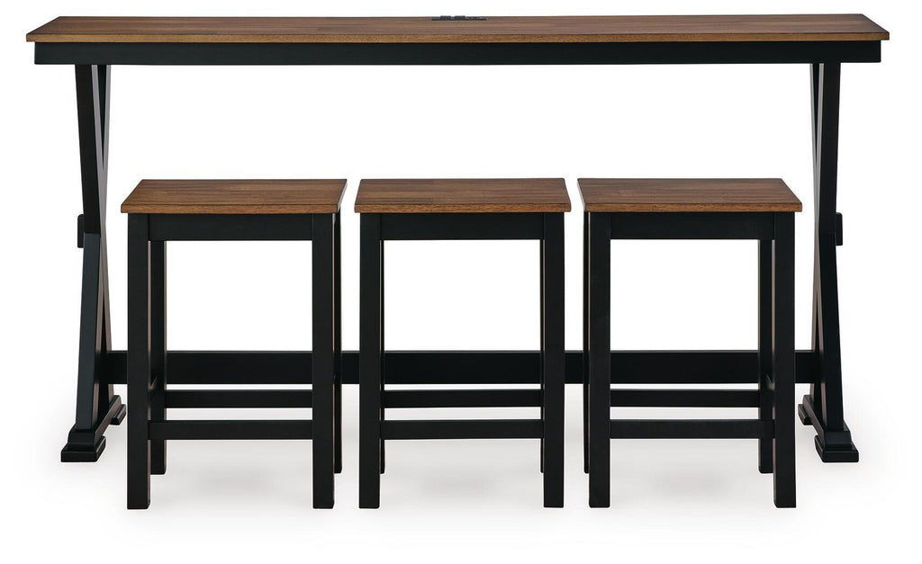 Rectangular dining counter table with three brown stools and black metal legs